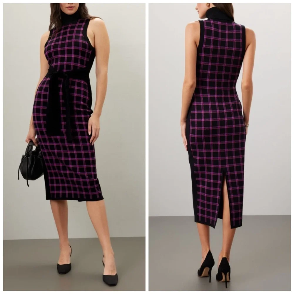 Toccin Peggy Sleeveless Plaid Knit Midi Dress Tie Waist XL Purple Multi